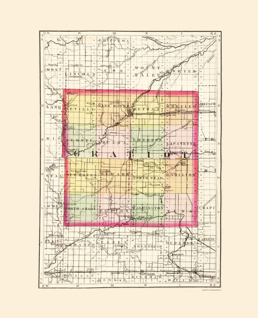 Historic County Map - Gratiot County Michigan - Walling 1873 - Vintage Wall Art