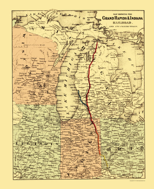 Railroad Map - Grand Rapids and Indiana Railroad - Colton 1871 - 23 x 28.35 - Vintage Wall Art
