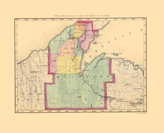 Historic County Map - Houghton County Michigan - Walling 1873 - 23 x 28.30 - Vintage Wall Art