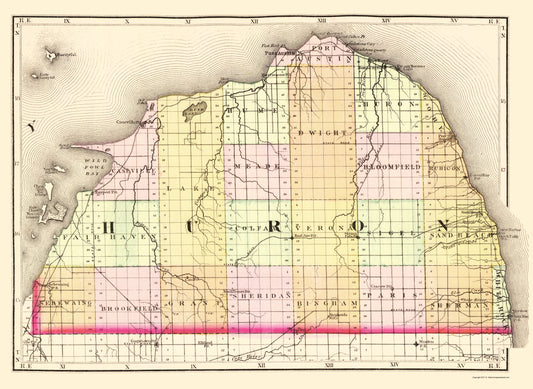 Historic County Map - Huron County Michigan - Walling 1873 - Vintage Wall Art