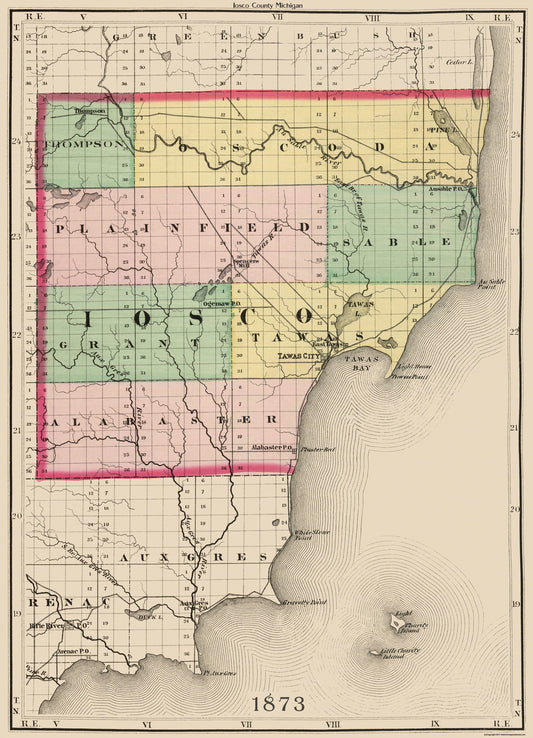 Historic County Map - Iosco County Michigan - Walling 1873 - 23 x 31.88 - Vintage Wall Art