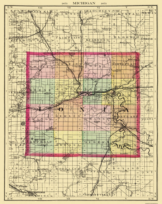 Historic County Map - Ionia County Michigan - Walling 1873 - 23 x 31.86 - Vintage Wall Art