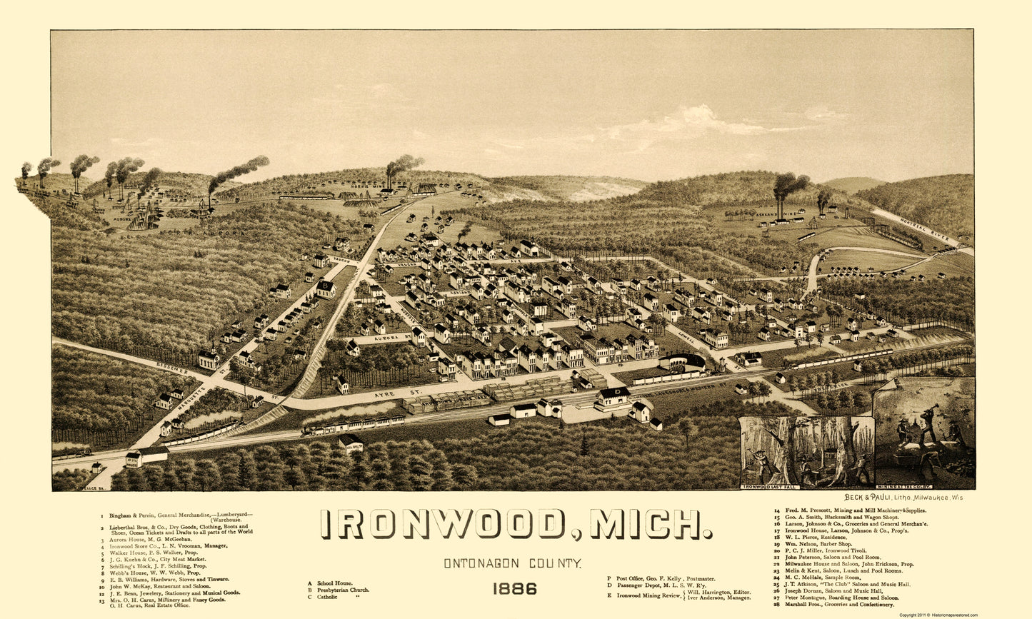 Historic Panoramic View - Ironwood Michigan - Beck 1886 - 23 x 38.33 - Vintage Wall Art