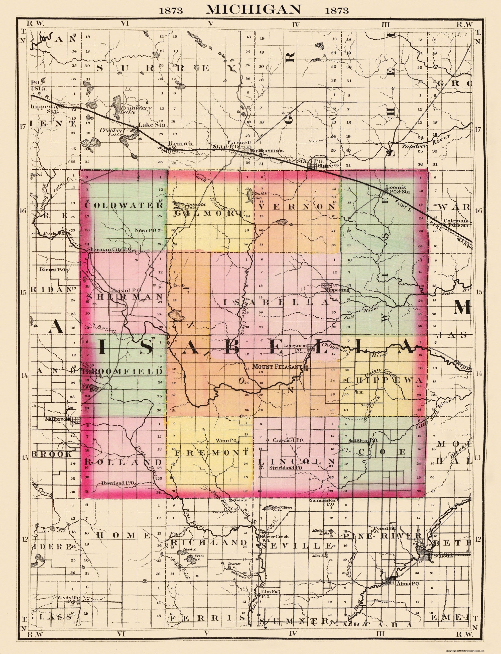 Historic County Map - Isabella County Michigan - Walling 1873 - 23 x 3 ...