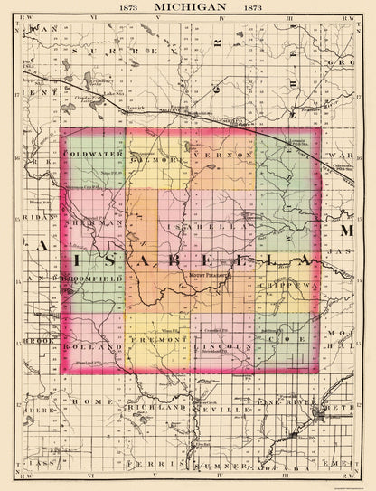 Historic County Map - Isabella County Michigan - Walling 1873 - 23 x 30 - Vintage Wall Art