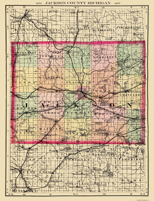 Historic County Map - Jackson County Michigan - Walling 1873 - 23 x 30 - Vintage Wall Art