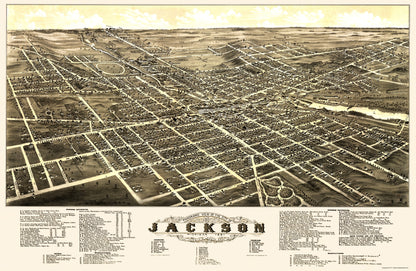 Historic Panoramic View - Jackson Michigan - Beck 1881 - 23 x 35.34 - Vintage Wall Art