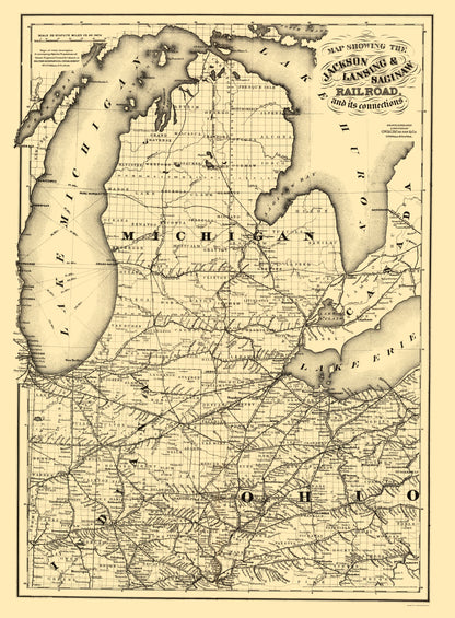 Railroad Map - Jackson Lansing and Saginaw Railroad - Colton 1867 - 23 x 31 - Vintage Wall Art