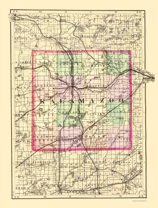 Historic County Map - Kalamazoo County Michigan - Walling 1873 - Vintage Wall Art