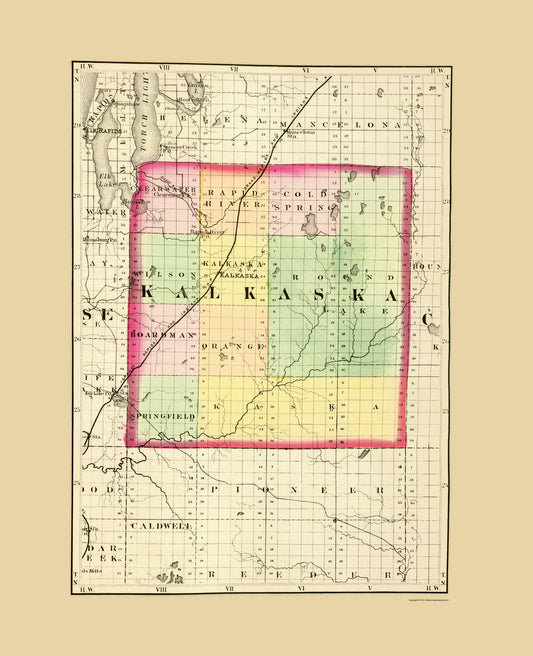 Historic County Map - Kalkaska County Michigan - Walling 1873 - Vintage Wall Art