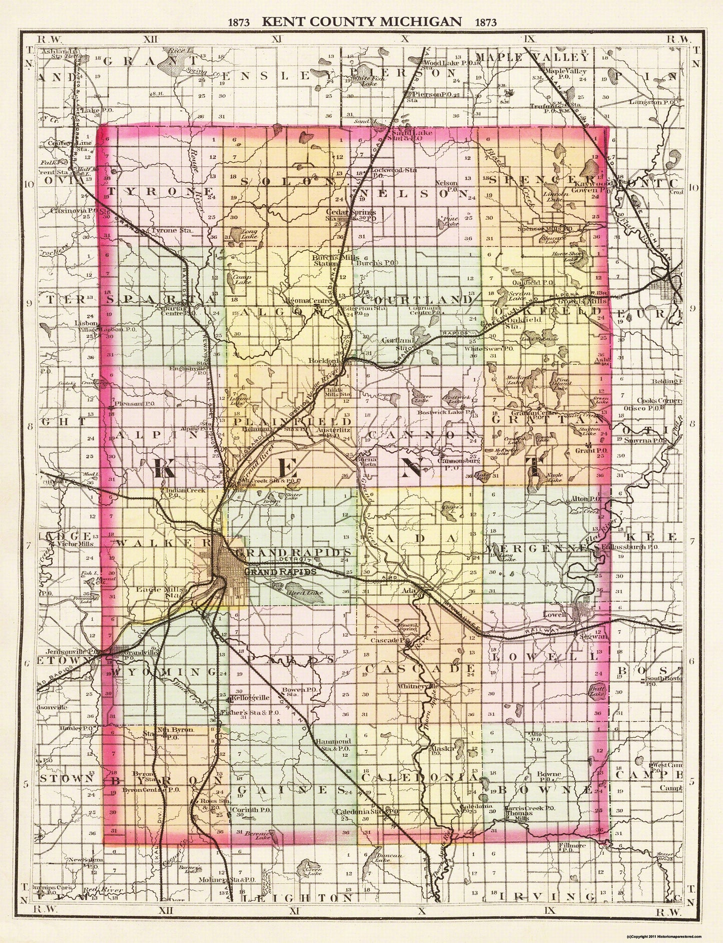Historic County Map - Kent County Michigan - Walling 1873 - 23 x 30 - Vintage Wall Art