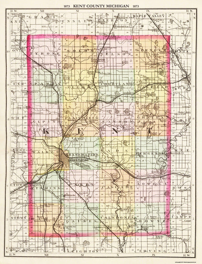 Historic County Map - Kent County Michigan - Walling 1873 - 23 x 30 - Vintage Wall Art