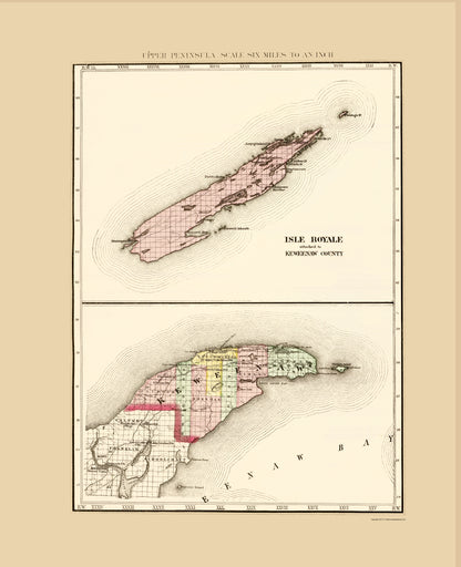 Historic County Map - Keweenaw Isle Royale Counties Michigan - Walling 1873 - 23 x 28.30 - Vintage Wall Art