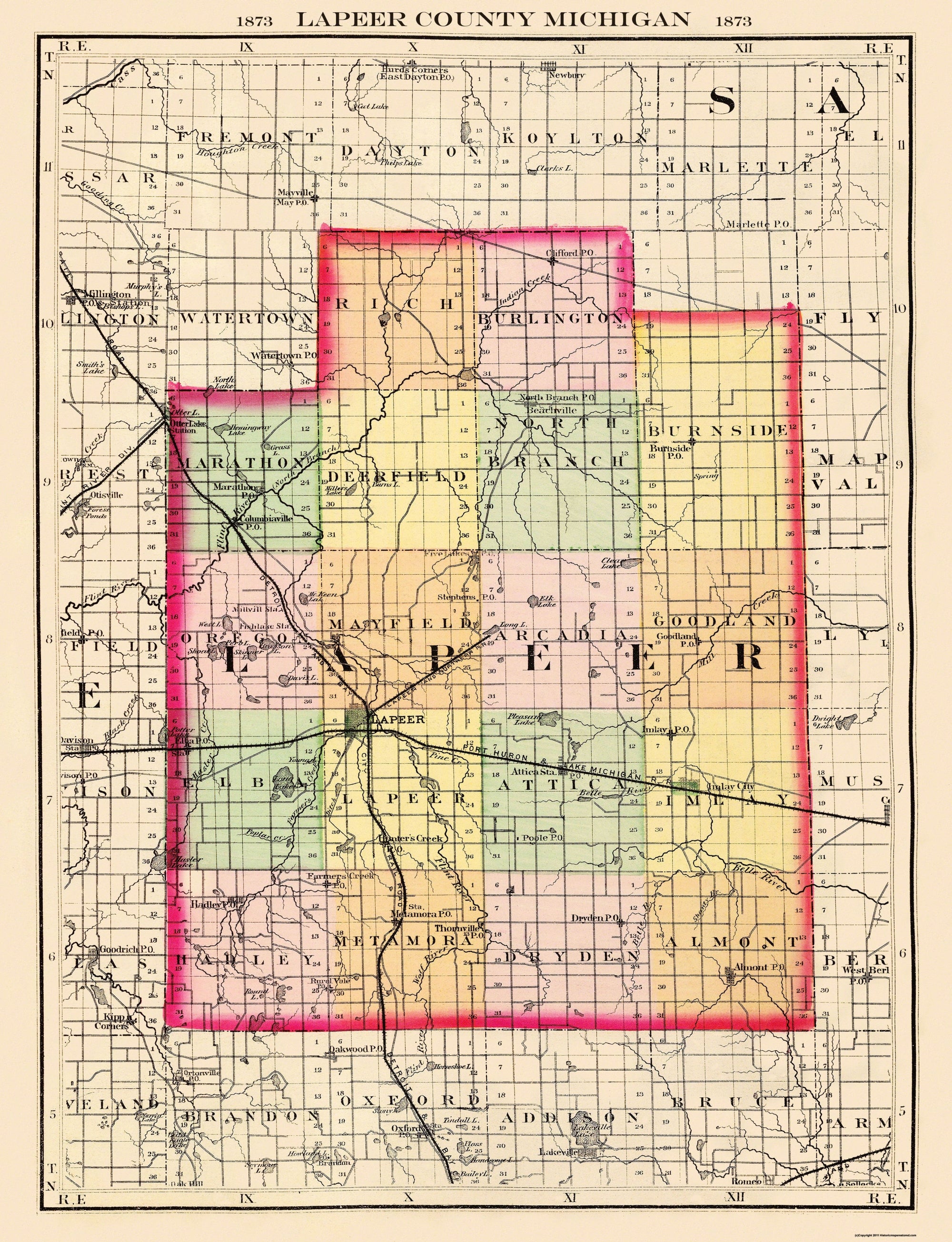 Historic County Map - Lapeer County Michigan - Walling 1873 - 23 x 30 ...