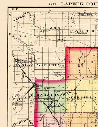 Historic County Map - Lapeer County Michigan - Walling 1873 - 23 x 30 - Vintage Wall Art