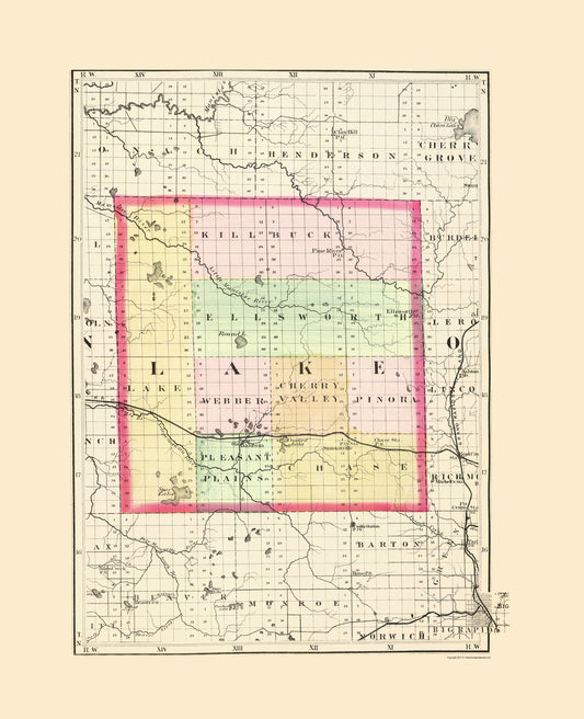 Historic County Map - Lake County Michigan - Walling 1873 - Vintage Wall Art