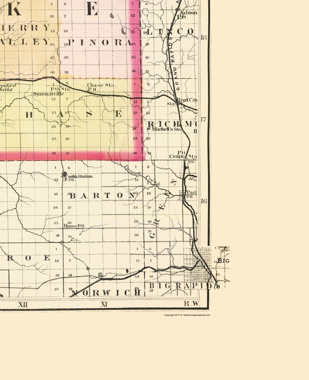 Historic County Map - Lake County Michigan - Walling 1873 - 23 x 28.30 - Vintage Wall Art