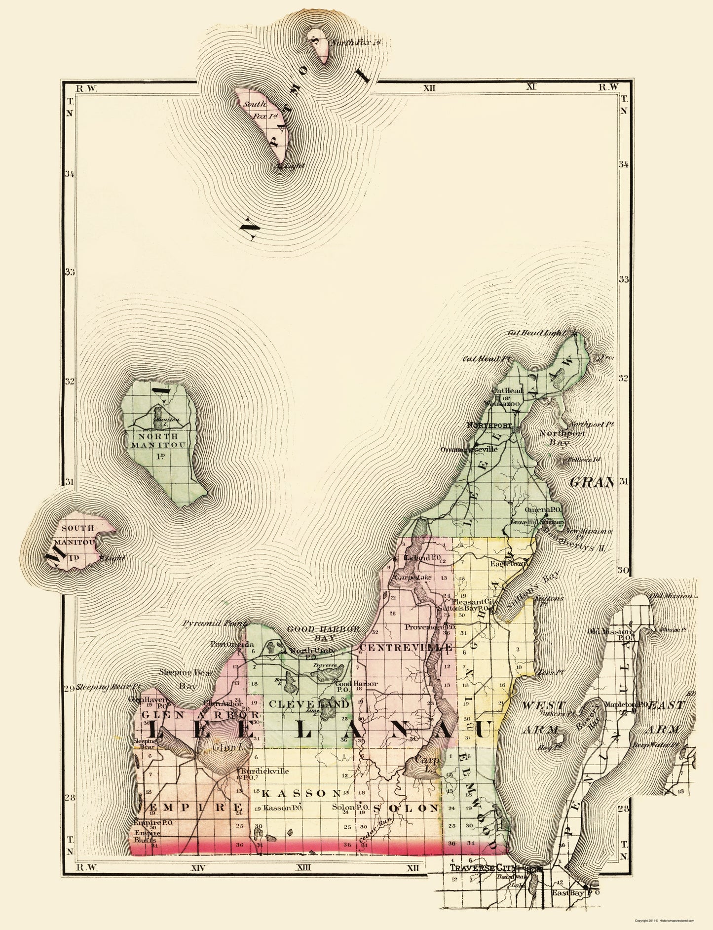 Historic County Map - Leelanau County Michigan - Walling 1873 - 23 x 29.99 - Vintage Wall Art