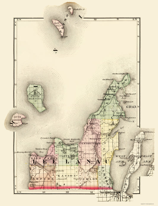 Historic County Map - Leelanau County Michigan - Walling 1873 - Vintage Wall Art