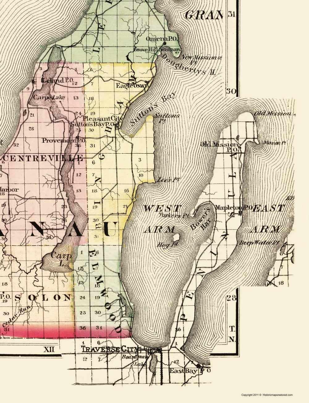 Historic County Map - Leelanau County Michigan - Walling 1873 - 23 x 29.99 - Vintage Wall Art