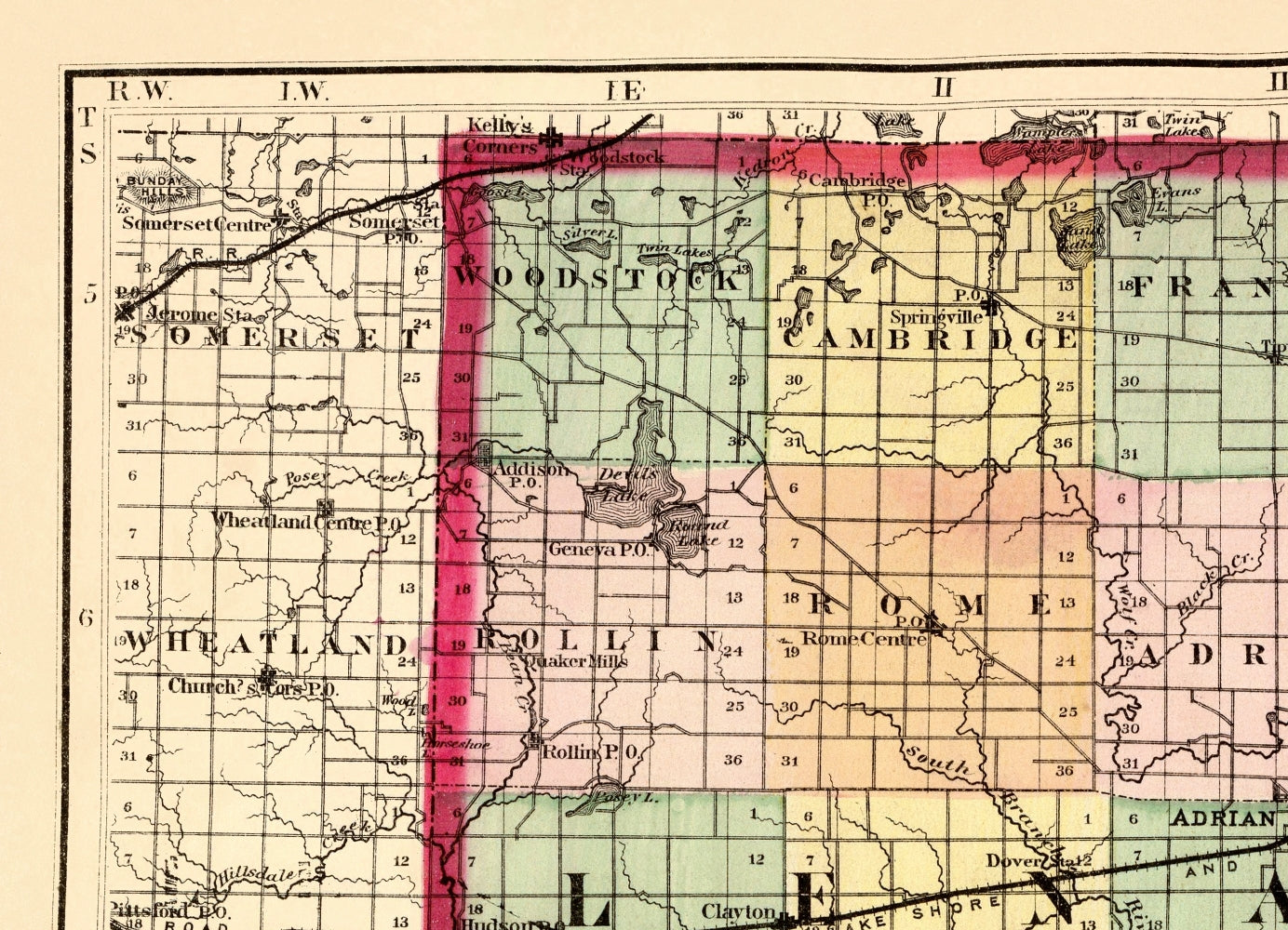 Historic County Map - Lenawee County Michigan - Walling 1873 - 23 x 31.85 - Vintage Wall Art