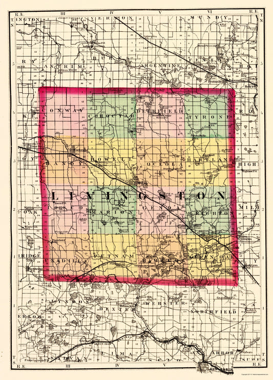 Historic County Map - Livingston County Michigan - Walling 1873 - Vintage Wall Art