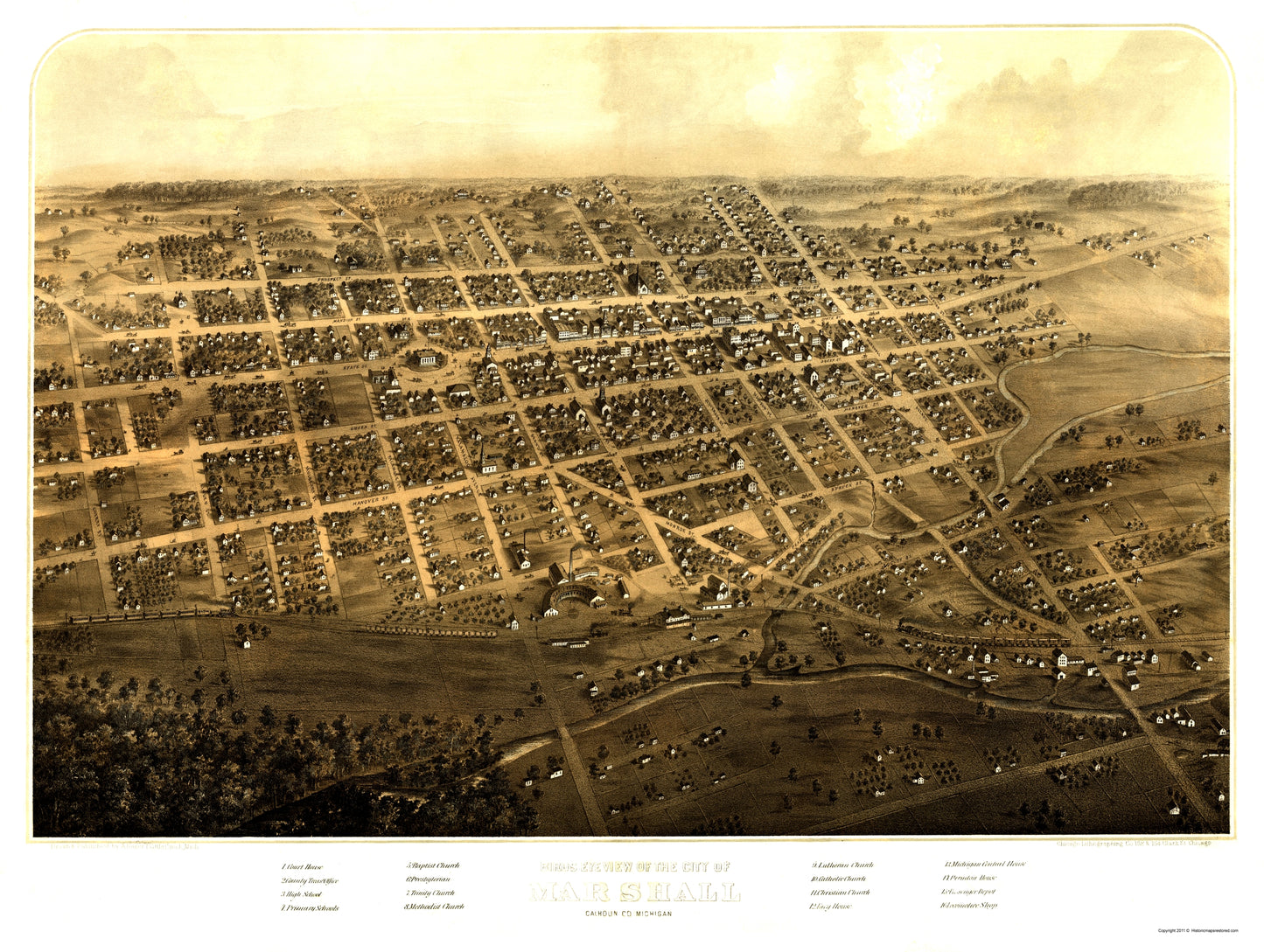 Historic Panoramic View - Marshall Michigan - Ruger 1868 - 23 x 30.54 - Vintage Wall Art