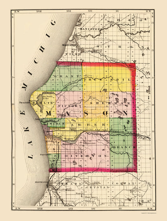 Historic County Map - Mason County Michigan - Walling 1873 - Vintage Wall Art
