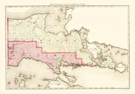 Historic County Map - Mackinac County Michigan - Walling 1873 - Vintage Wall Art