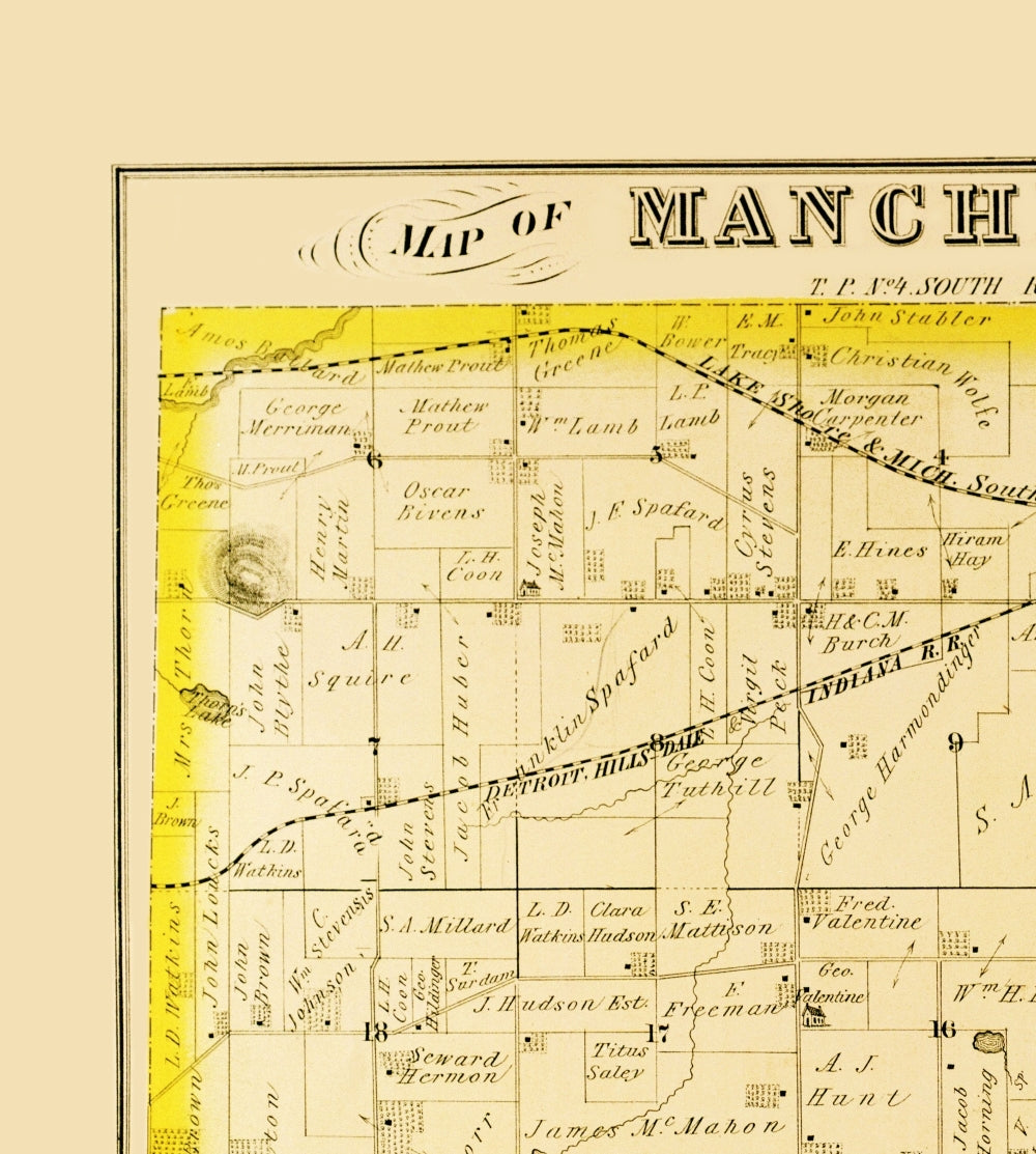 Historic County Map - Manchester County Michigan - Everts 1874 - 23 x 25.61 - Vintage Wall Art
