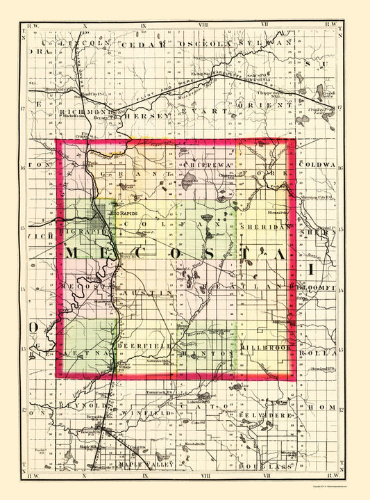 Historic County Map - Mecosta County Michigan - Walling 1873 - Vintage Wall Art