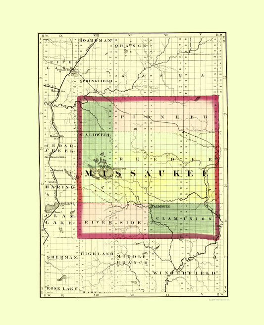 Historic County Map - Missaukee County Michigan - Walling 1873 - Vintage Wall Art