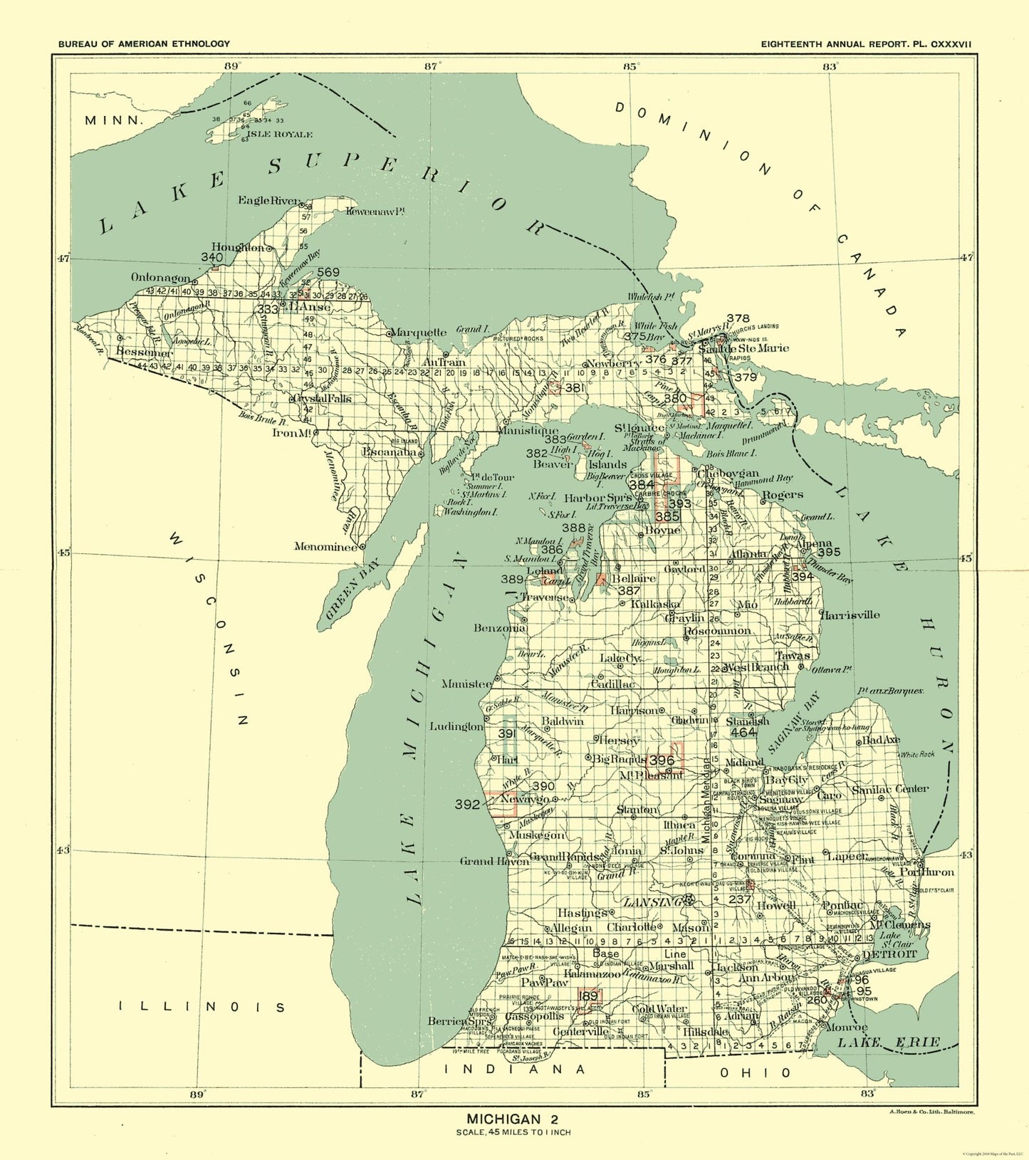 Historic State Map - Michigan - Hoen 1896 - 23 x 25.94 - Vintage Wall Art