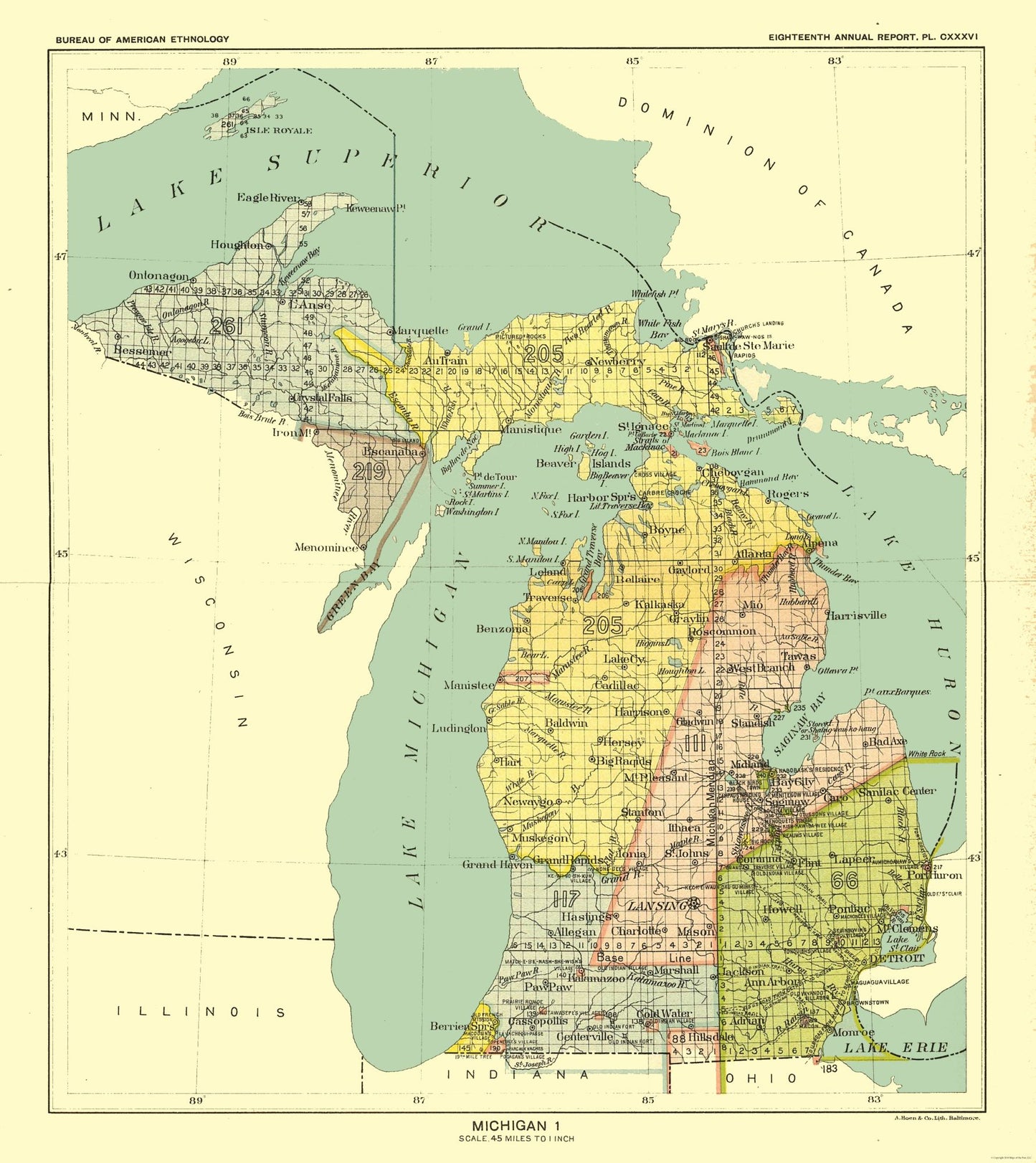 Historic State Map - Michigan - Hoen 1896 - 23 x 25.82 - Vintage Wall Art