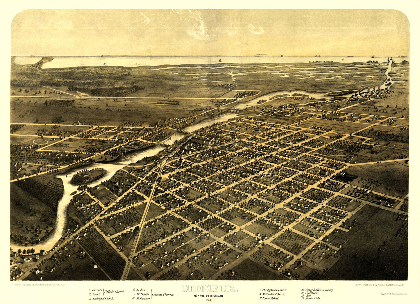 Historic Panoramic View - Monroe Michigan - Ruger 1866 - 23 x 31.68 - Vintage Wall Art