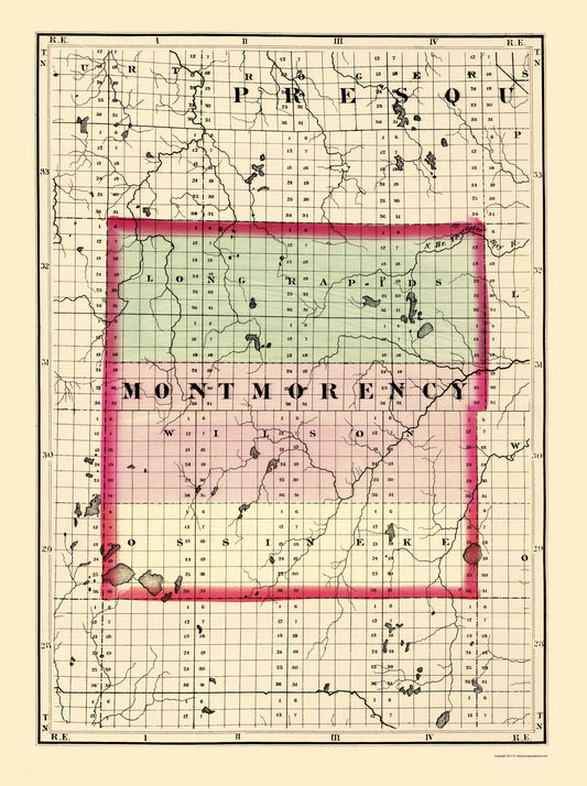 Historic County Map - Montmorency County Michigan - Walling 1873 - Vintage Wall Art