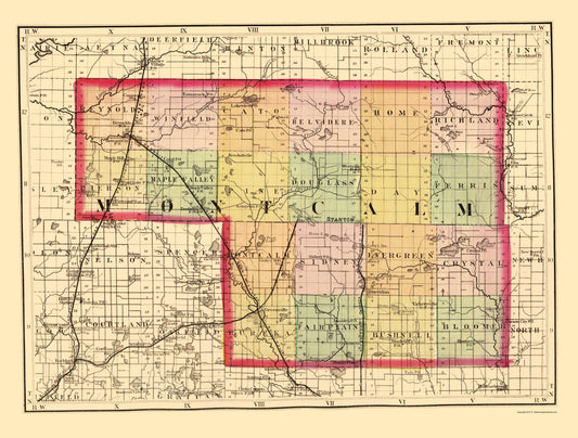 Historic County Map - Montcalm County Michigan - Walling 1873 - Vintage Wall Art