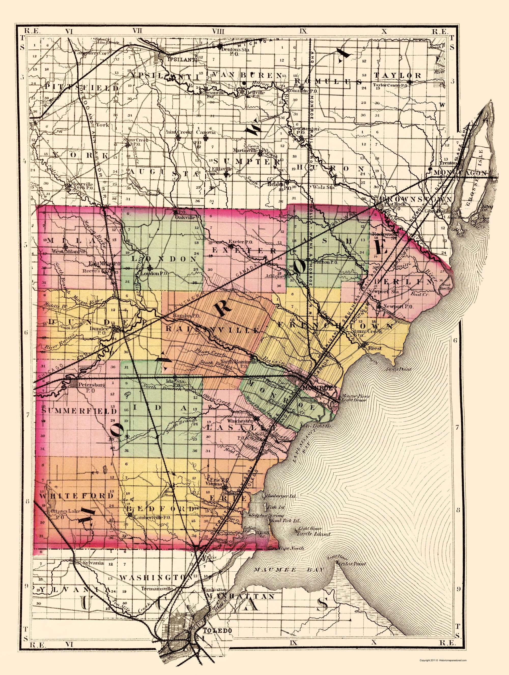 Historic County Map - Monroe County Michigan - Walling 1873 - 23 x 30 ...