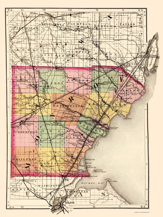 Historic County Map - Monroe County Michigan - Walling 1873 - Vintage Wall Art