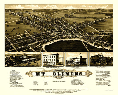 Historic Panoramic View - Mt Clemens Michigan - Beck 1881 - 23 x 28.67 - Vintage Wall Art