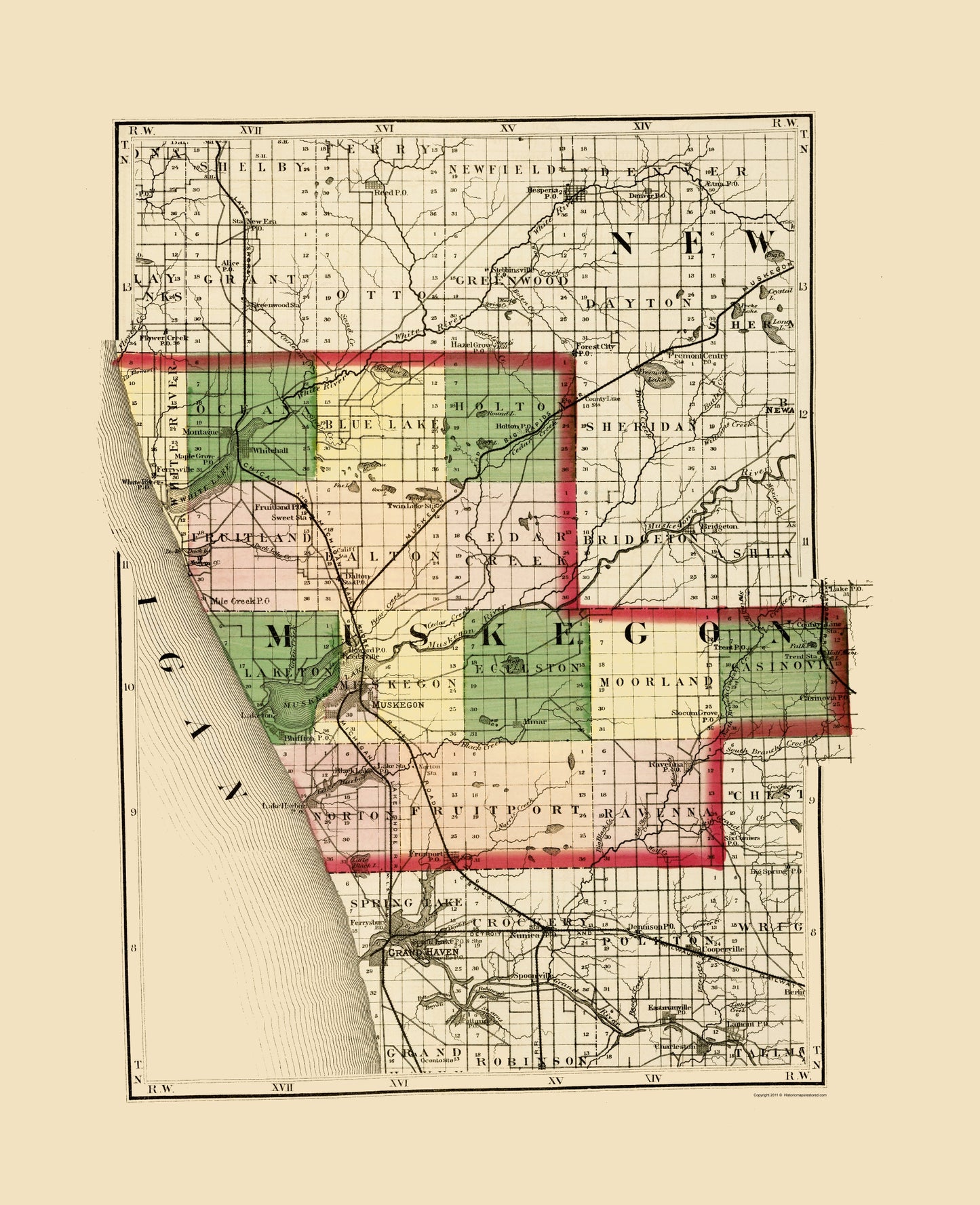 Historic County Map - Muskegon County Michigan - Walling 1873 - 23 x 28.30 - Vintage Wall Art