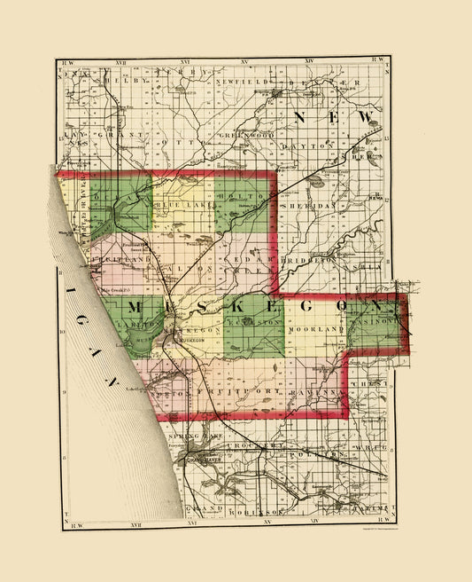 Historic County Map - Muskegon County Michigan - Walling 1873 - Vintage Wall Art