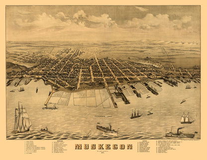 Historic Panoramic View - Muskegon Michigan - Ruger 1874 - 29.68 x 23 - Vintage Wall Art