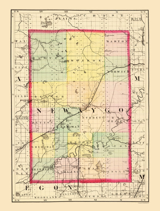 Historic County Map - Newaygo County Michigan - Walling 1873 - Vintage Wall Art