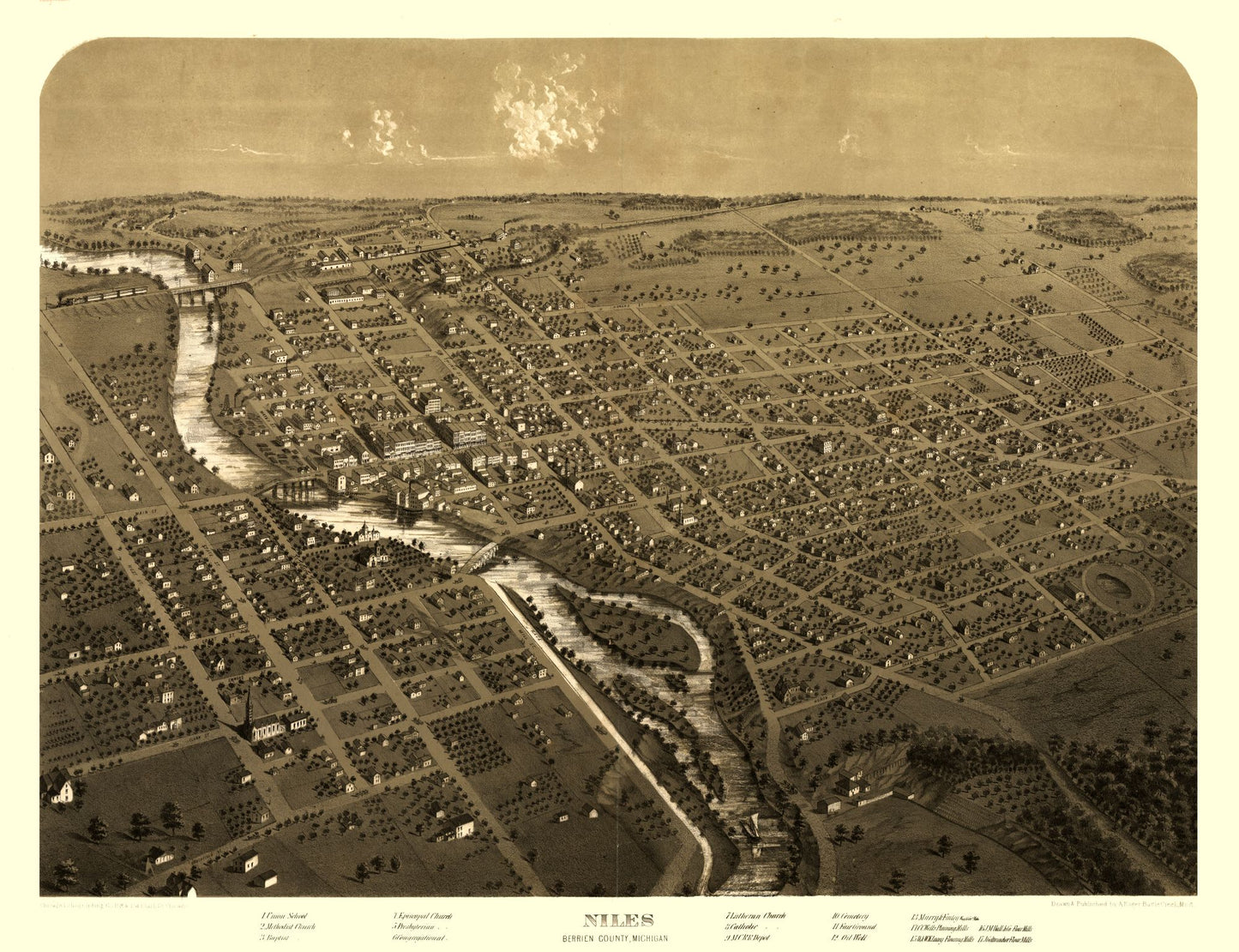 Historic Panoramic View - Niles Michigan - Ruger 1868 - 29.94 x 23 - Vintage Wall Art