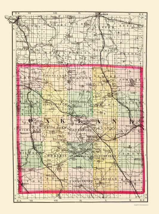 Historic County Map - Oakland County Michigan - Walling 1873 - Vintage Wall Art