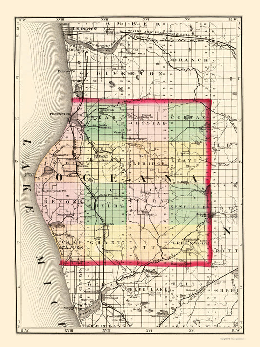 Historic County Map - Oceana County Michigan - Walling 1873 - Vintage Wall Art