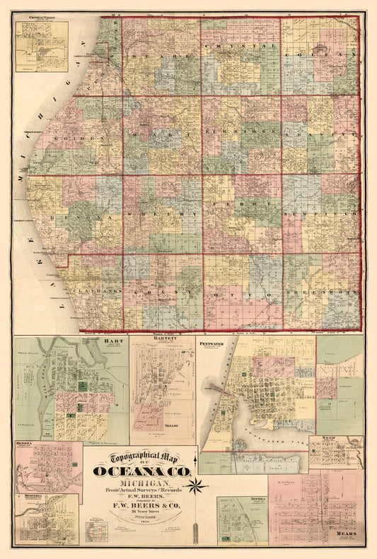 Historic County Map - Oceana County Michigan - Beers 1876 - 23 x 34.15 - Vintage Wall Art