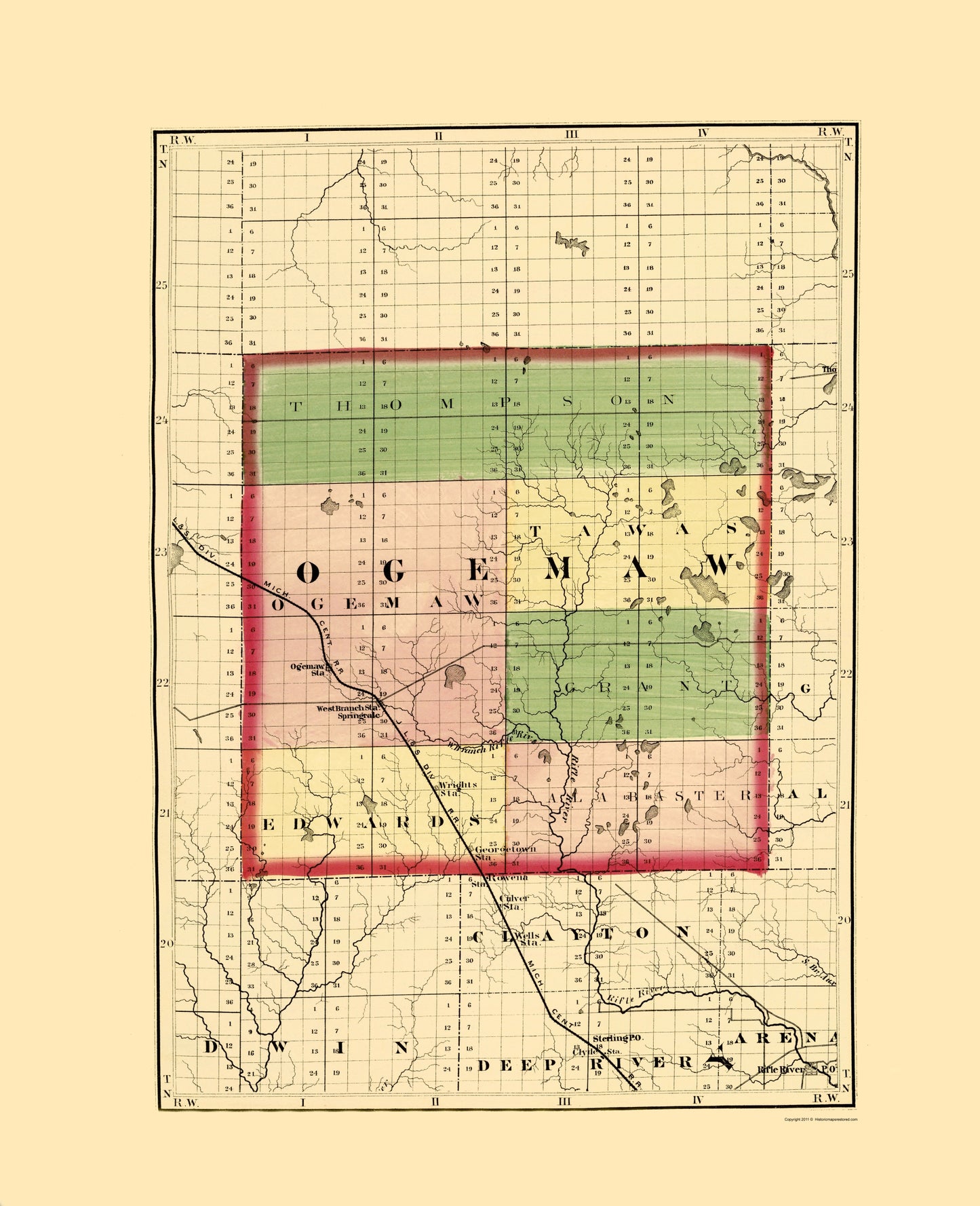 Historic County Map - Ogemaw County Michigan - Walling 1873 - 23 x 28.30 - Vintage Wall Art