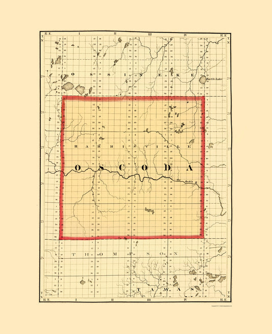 Historic County Map - Oscoda County Michigan - Walling 1873 - Vintage Wall Art